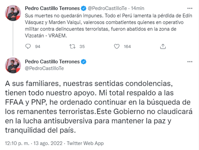 Tuit de Pedro Castillo. Foto: Captura de Twitter