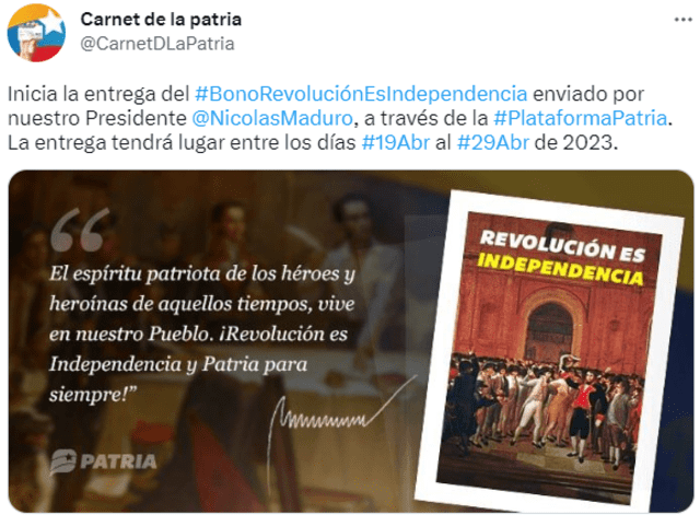 El Segundo Bono Especial fue denominado como Revolución es Independencia. Foto: Twitter/CarnetDLaPatria   