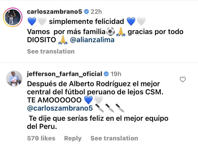  Elogios de Farfán a Zambrano. Foto: captura Instagram/Carlos Zambrano.   