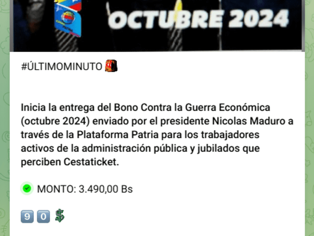 El mes pasado, el Bono de Guerra para trabajadores públicos llegó el 15 de octubre. Foto: Canal Patria Digital/ Telegram