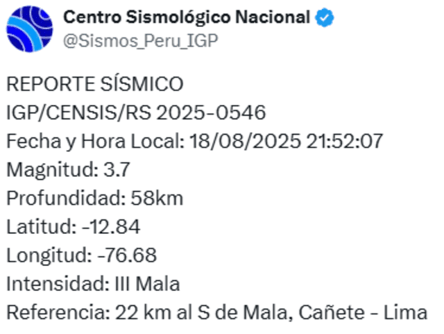 Reporte de sismo en Lima por IGP.   