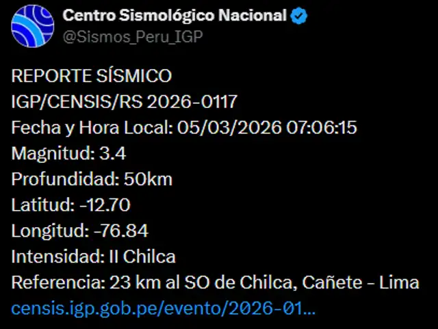 Sismo de hoy en Lima. Foto: IGP   