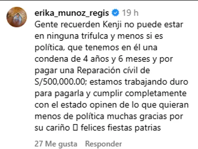 Erika Muñoz revelando el por qué de la ausencia de Kenji Fujimori en las actividades de Keiko Fujimori. Foto: Instagram.   