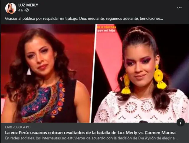 Luz Merly se dirigió a su público tras ser eliminada de La voz Perú. Foto: Luz Merly / Facebook