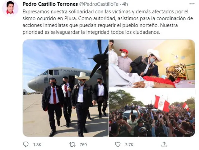 Pedro Castillo se pronunció a través de sus redes sociales. Foto: captura Twitter.