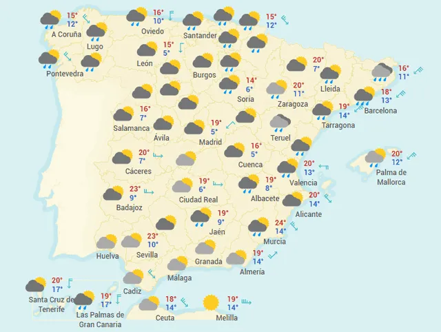 Mapa del tiempo en España hoy, miércoles 22 de abril de 2020.