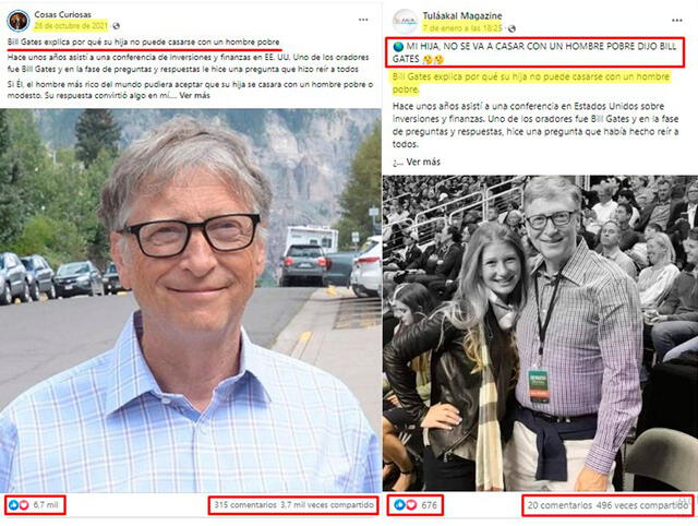 Posteo virales en los que atribuyen una frase apócrifa a Bill Gates. FOTO: Captura de Facebook.