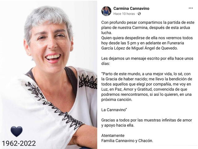 17.9.2022 | Publicación anunciando la muerte de Carmina Cannavino y sus últimas palabras. Foto: captura Facebook