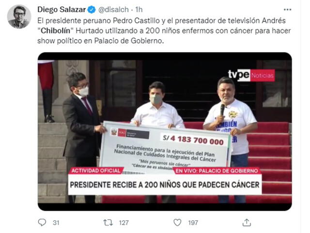 12.5.2022 | Reacciones a la presencia de Andrés Hurtado en Palacio de Gobierno junto a Pedro Castillo. Foto: captura Twitter