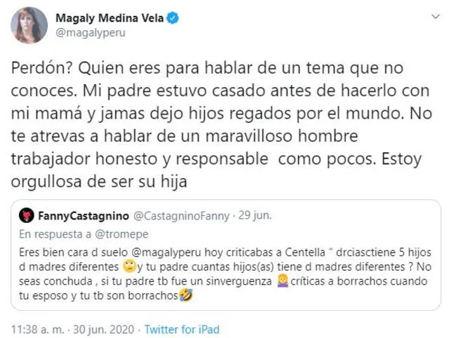 Magaly Medina responde a usuaria que insultó a su padre y a su esposo
