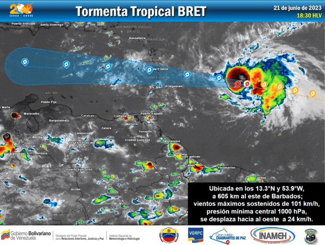 La tormenta tropical Bret sigue su rumbo hacia el oeste. Foto: Twitter/Inameh.