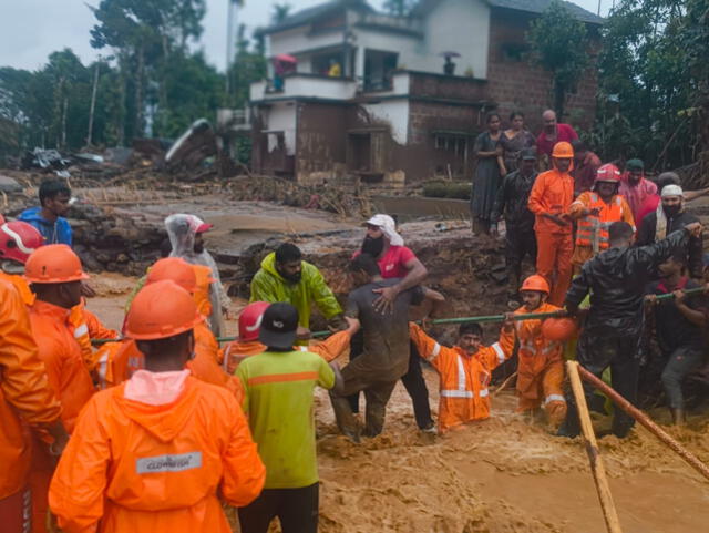 Un equipo de 250 miembros compuesto por el Departamento de Bomberos y Rescate, Defensa Civil y NDRF participan activamente en las operaciones de rescate en el deslizamiento de tierra en Wayanad. Foto: @the_hindu/X   