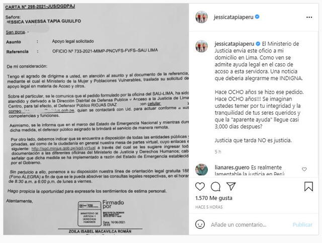 Jessica Tapia anuncia que admitieron ayuda legal tras ocho años de haber denunciado acoso. Foto: Jessica Tapia/Instagram
