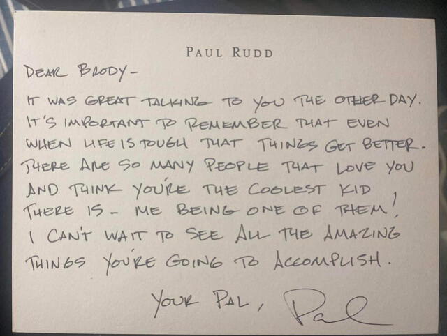 Paul Rudd le comparte un emotivo mensaje a Brody Ridder