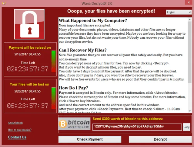 Captura de pantalla de Wana Decrypt0r 2.0. En la parte inferior los hackers pedían "$300 en bitcoins". Foto: Wikipedia