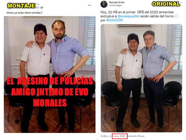 Imagen del viral (a la derecha) y la foto original de Evo Morales (a la izquierda). Foto: composición.