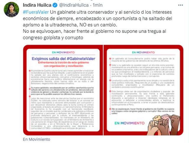 La excongresista Indira Huilca se pronunció sobre la designación de Héctor Valer como presidente del Consejo de Ministros. Foto: Captura Twitter