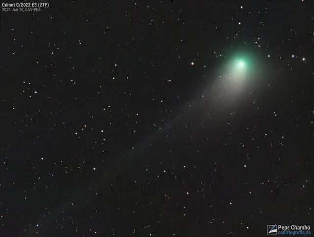 Fotografía del cometa C/2022 E3 (ZTF) tomada el 18 de enero, cuando el astro emanaba un brillo de magnitud 6. Foto: Pepe Chambó / Cometografía
