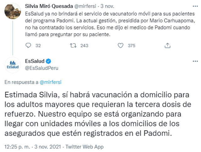 La respuesta de EsSalud a ciudadana por la vacunación a domicilio. Foto: Twitter