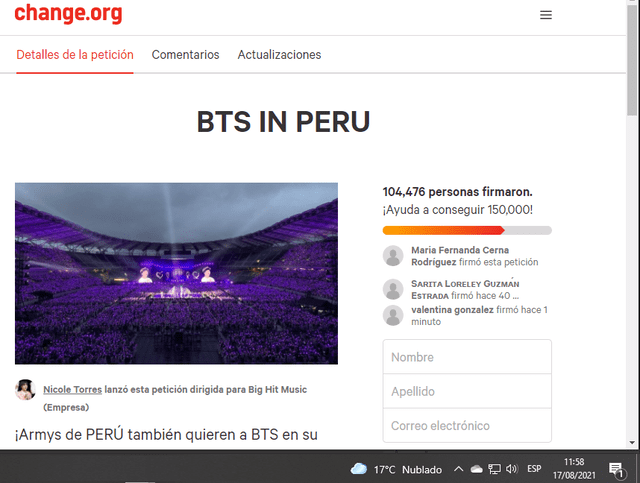 ARMY buscará 150.000 firmas para un concierto de BTS en Perú. Foto: Change.org