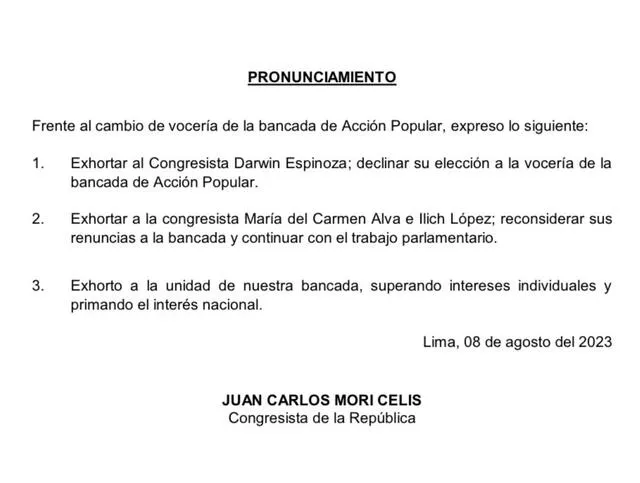  Mori Celis también protestó contra anuncio de vocería de Espinoza. Foto: comunicado Juan Carlos Mori   