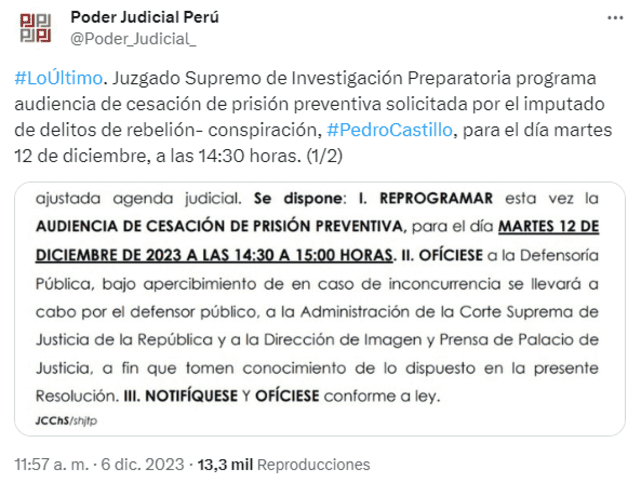 PJ confirma audiencia con Pedro Castillo para el 12 de diciembre. Foto: Poder_Judicial/ X   