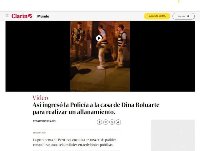 El diario argentino informó sobre el allanamiento de la mandataria peruana. Foto: Clarín/Capura   