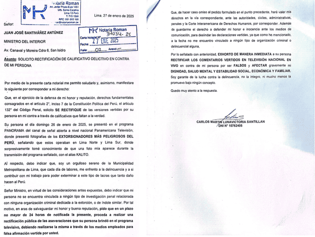  Carta notarial enviada al ministro del Interior en el que se le exige rectificarse.   