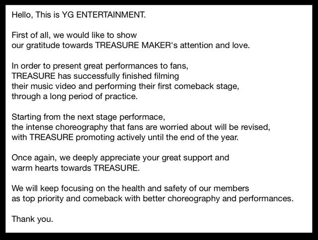 TREASURE: comunicado de YG en Twitter. Foto: YG
