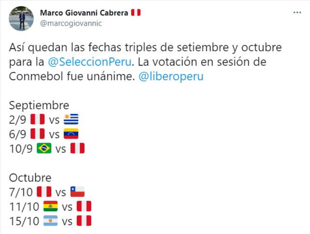 Fixture de las fechas triples de la selección peruana. Foto: captura de pantalla/Twitter
