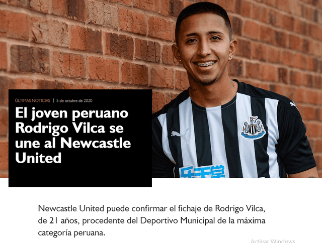 Así informó el Newcastle es su página la contratación de Rodrigo Vilca.