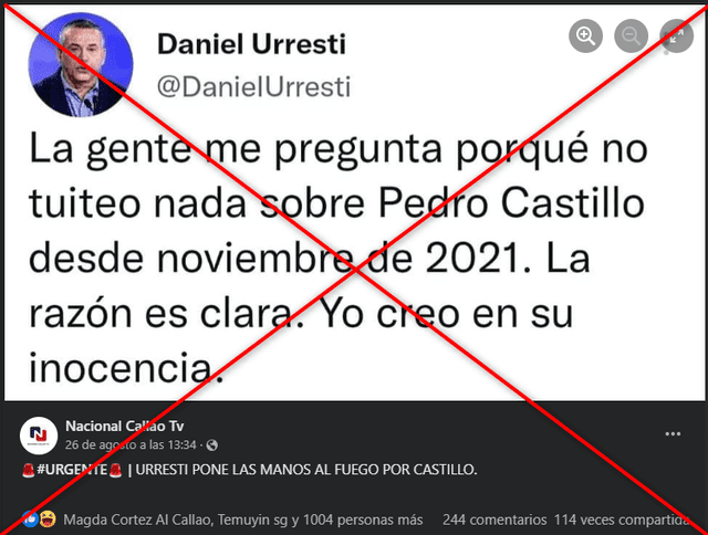 Publicación apócrifa que toma el nombre de Daniel Urresti. Foto: Captura de Facebook tomada el 29 de agosto