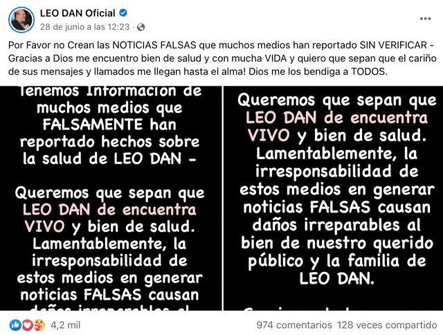 Publicación de Leo Dan luego de que se difundió la falsa información sobre su deceso. Foto: Captura LR/Facebook/Leo Dan Oficial