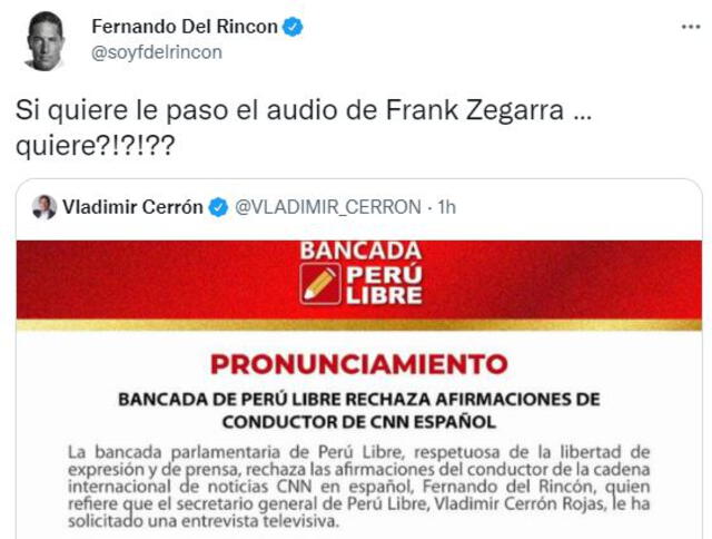Fernando del Rincón sobre pedido de entrevista de Vladimir Cerrón. Foto: Difusión