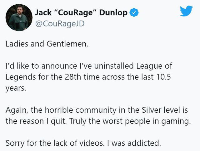 El descargo de CouRage tras desinstalar League of Legends. Foto: Twitter