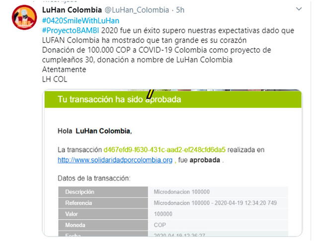 Fanbase de LuHan en Colombia se organizó para hacer una donación en la lucha contra el COVID-19. Captura Twitter.