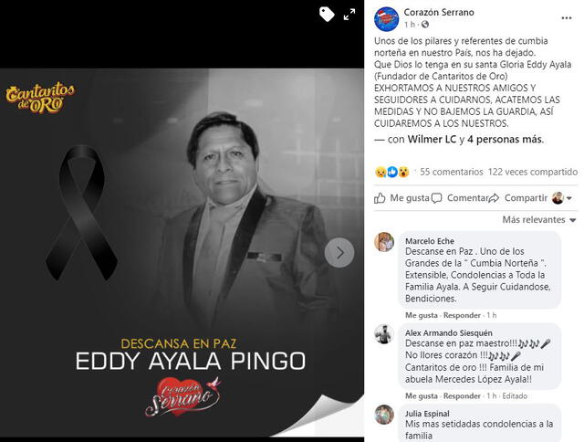 Corazón serrano se pronuncia sobre la muerte de Eddy Ayala. Foto: captura/Facebook