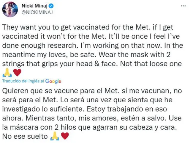 Nicki Minaj se pronunció en Twitter tras su ausencia en el MET Gala 2021.