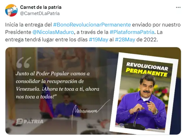 El Bono Revolucionar Permanente llegó el 19 de mayo de 2022. Foto: Carnet de la Patria/X