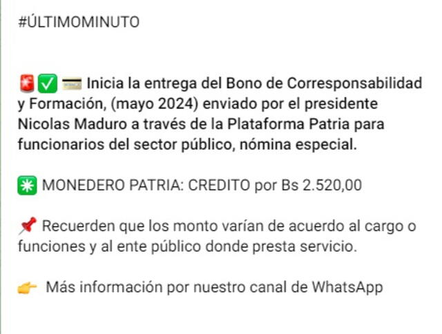 Anuncio del Bono de Corresponsabilidad y Formación para mayo 2024. Foto: Canal Patria Digital   
