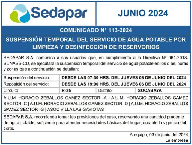  Sedapar anunció cortes en la zona de Socabaya. Foto: Sedapar   