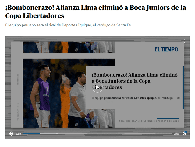  Reacción de El Tiempo tras victoria de Alianza ante Boca. Foto: El Tiempo   
