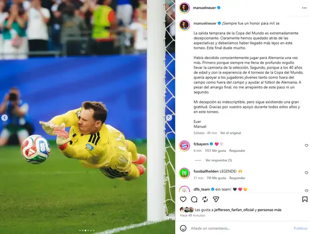 Mensaje de Manuel Neuer en sus redes sociales. Foto: Instagram  