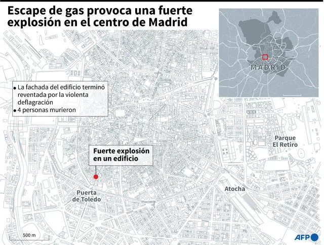 Mapa de Madrid localizando el lugar en donde se produjo una violenta explosión el miércoles por la tarde que destruyó un edificio. Infografía: AFP