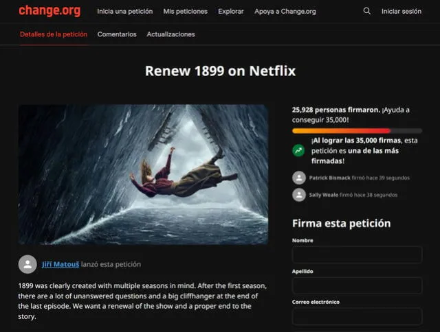 Petición para renovar "1899" en change.org