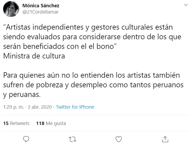 Mónica Sanchez se pronuncia en Twitter. Foto: Captura.
