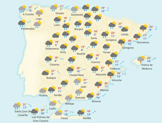 Mapa del tiempo en España hoy, sábado 18 de abril de 2020.