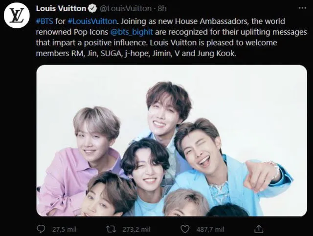 Tuit de Louis Vuitton sobre BTS. Foto: captura Twitter