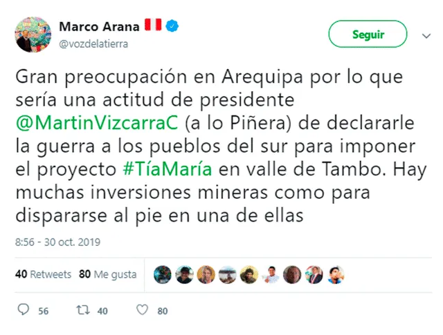 Marco Arana compara a Martín Vizcarra con el presidente chileno Sebastián Piñera.