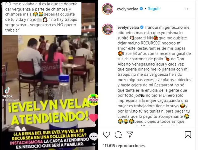 Evelyn Vela se pronuncia tras ser captada atendiendo en una pollería. Foto: Evelyn Vela/Instagram